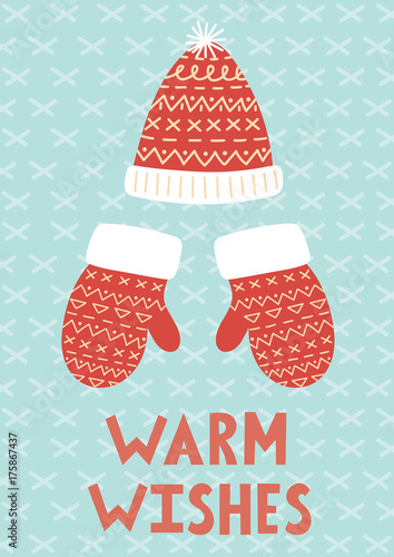 Warm Wishes Christmas greeting card with mittens and hat. Vector illustration