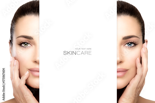 Skincare concept with female face split in half