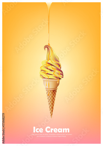 Orange yellow soft ice cream cone, Pour melted orange syrup, orange mango flavor, Vector illustration