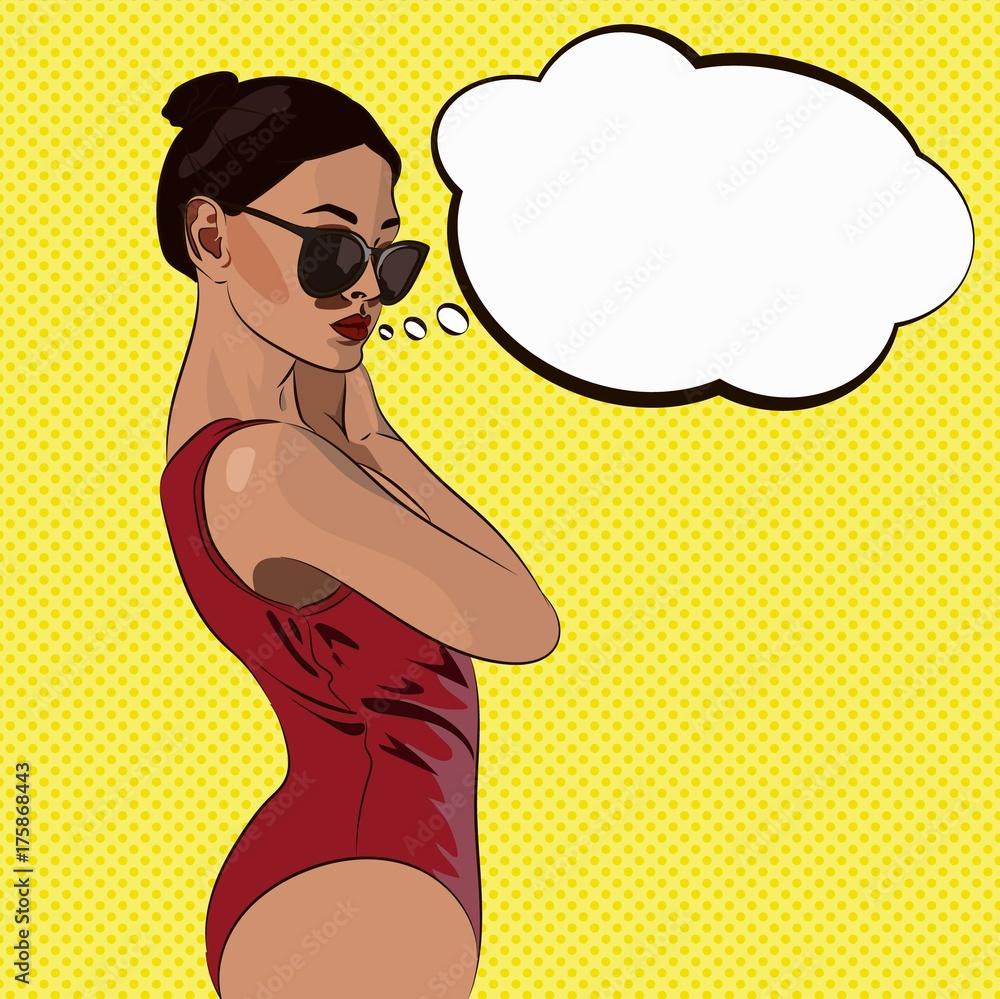 Sexy young woman in sunglasses and swimsuit with speechbubble
