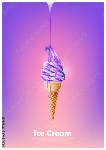 Purple soft ice cream cone, Pour melted violet syrup, blueberry lavender flavor, Vector illustration