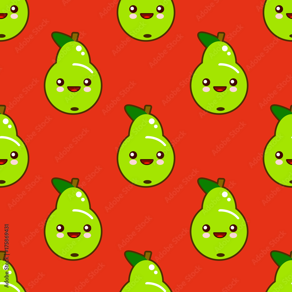 Cute seamless pattern with smiley kawaii green pears in cartoon style. Cute and funny texture for kids. Flat design Vector Illustration Cute seamless pattern with smiley kawaii green pears in cartoon style. Cute and funny texture for kids. Flat design Vector Illustration