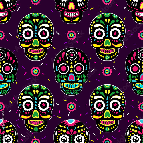 Day of The Dead colorful sugar skull with floral ornament and flower seamless pattern. Dia de los muertos, the pattern is made in bright colors, colorful skulls for the holiday of the dead
