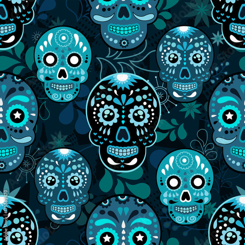 Day of The Dead colorful sugar skull with floral ornament and flower seamless pattern. Dia de los muertos, the pattern is made in bright colors, colorful skulls for the holiday of the dead