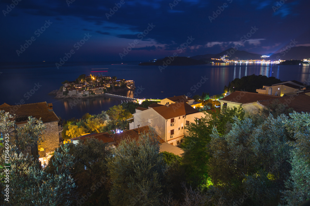 The island of Sveti Stefan in the evening. Montenegro