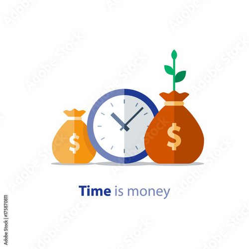 Time is money, clock and money bags, business and finance, return on investment, income growth, annual payment, vector icon