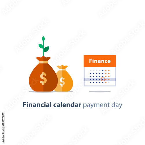 Money bags and calendar, financial planning, monthly payment, annual income, accountancy, vector icon