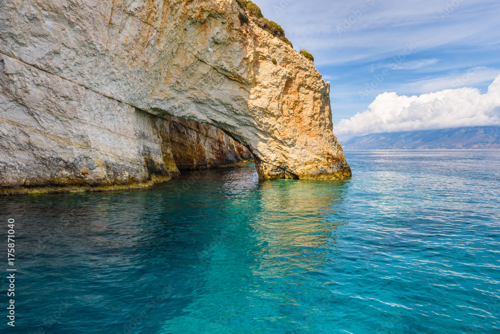 View of Blue Caves from boat. Cape Skinari, Zakynthos, Greece.