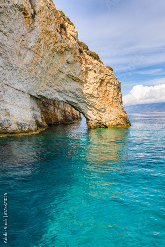 View of Blue Caves from boat. Cape Skinari, Zakynthos, Greece.