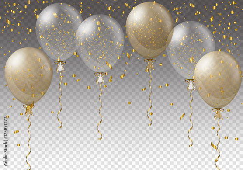 Celebration background template with balloons, confetti and ribbons on transparent background. Vector illustration.