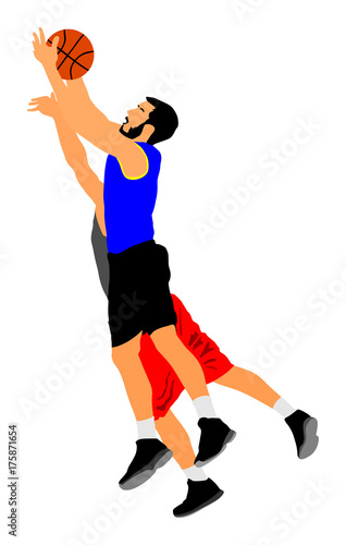 Basketball players vector illustration isolated on white background. Fight for the ball.