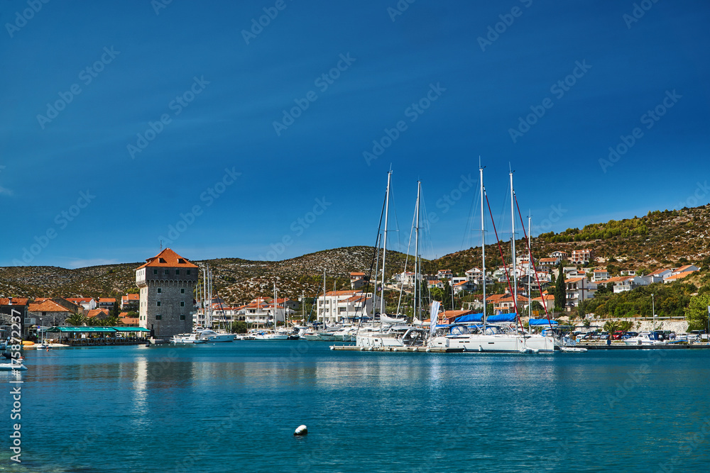 A Historic tower at the marina of Marina in Croatia.