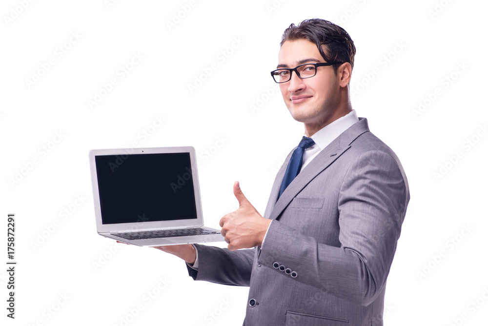 Young businessman working on laptop isolated white Young businessman working on laptop isolated white