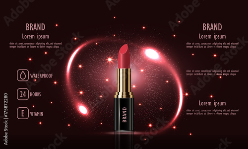 Cosmetics  luxury female lipstick cream for makeup on black background, template for a poster, banner, logo, leaflet, realistic mockup, vector illustration.