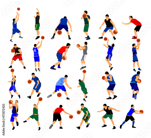 Big group of Basketball players vector illustration isolated on white background. Set of several basketball situation and position in game. Sport man with ball in action. Basket pose game attraction.