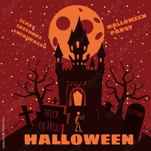 Halloween party, abandoned castle night, moon, cemetery, cartoon style, postcard, vector, illustration, banner