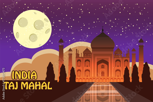 Mausoleum of Taj Mahal in Agra, India, historical view, night moon, vista attraction, religion, cartoon style, vector, illustration