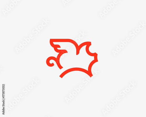 Flying pig line vector logotype. Creative pork grill steak wing logo design