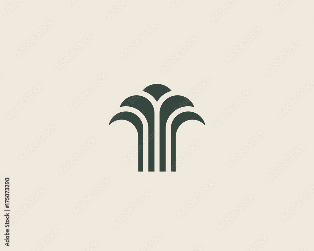 Naklejka premium Abstract linear vector tree fountain building finance logotype. Universal luxury palm harvest park spa beach logo
