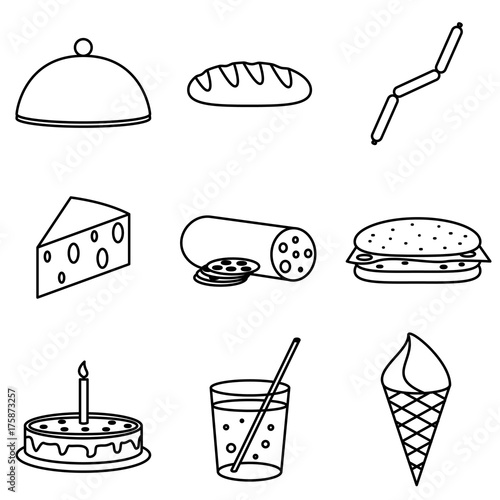 Vector Illustration of Thin Line Icons for Food. Editable Line. Collection 29. Linear Symbols Set: Bread, Sausages, Cheese, Burger, Cake, Cocktail, Ice Cream.