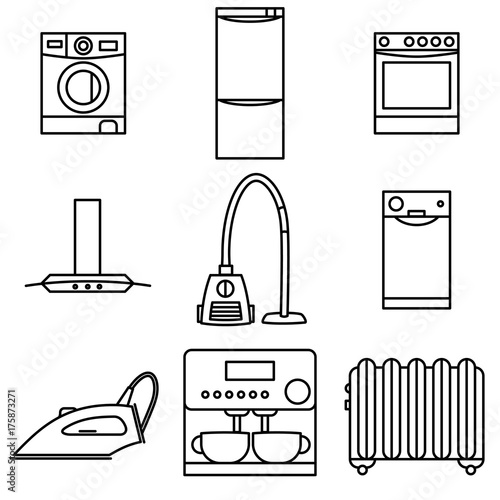 Vector Illustration of Thin Line Icons for Appliances. Collection 31. Symbols Set: Washing machine, Fridge, Gas stove, Extractor hood, Vacuum cleaner, Dishwasher, Iron, Coffee maker, Colorifer.