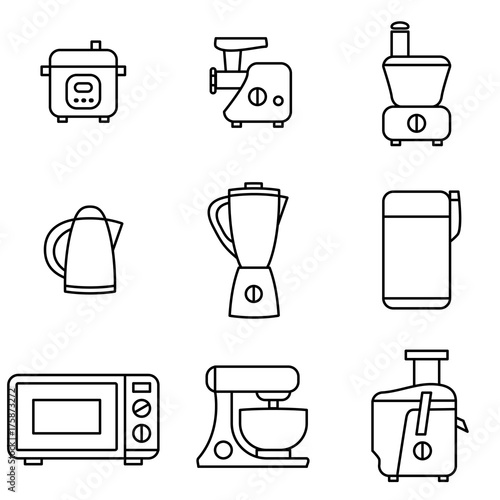 Vector Illustration of Thin Line Icons for Kitchen Appliances. Collection 30. Symbols Set: Pressure Cooker, Meat grinder, Vegetable cutter, Kettle, Blender, Coffee grinder, Microwave, Mixer, Juicer.