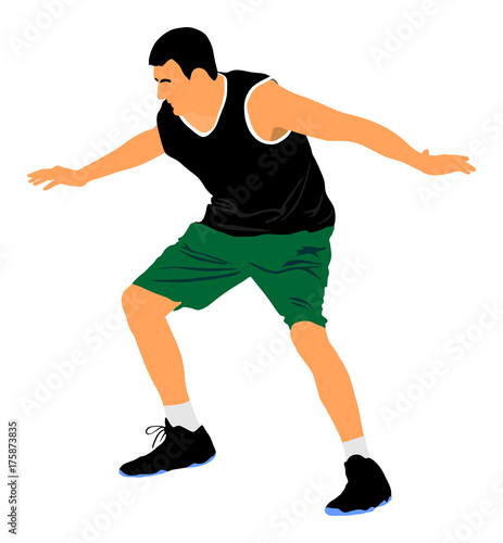 Basketball player vector illustration isolated on white background. Fight for the ball. defense and attack positions in street basket sport. Sportsman pose against opponent. Tall boy on court.