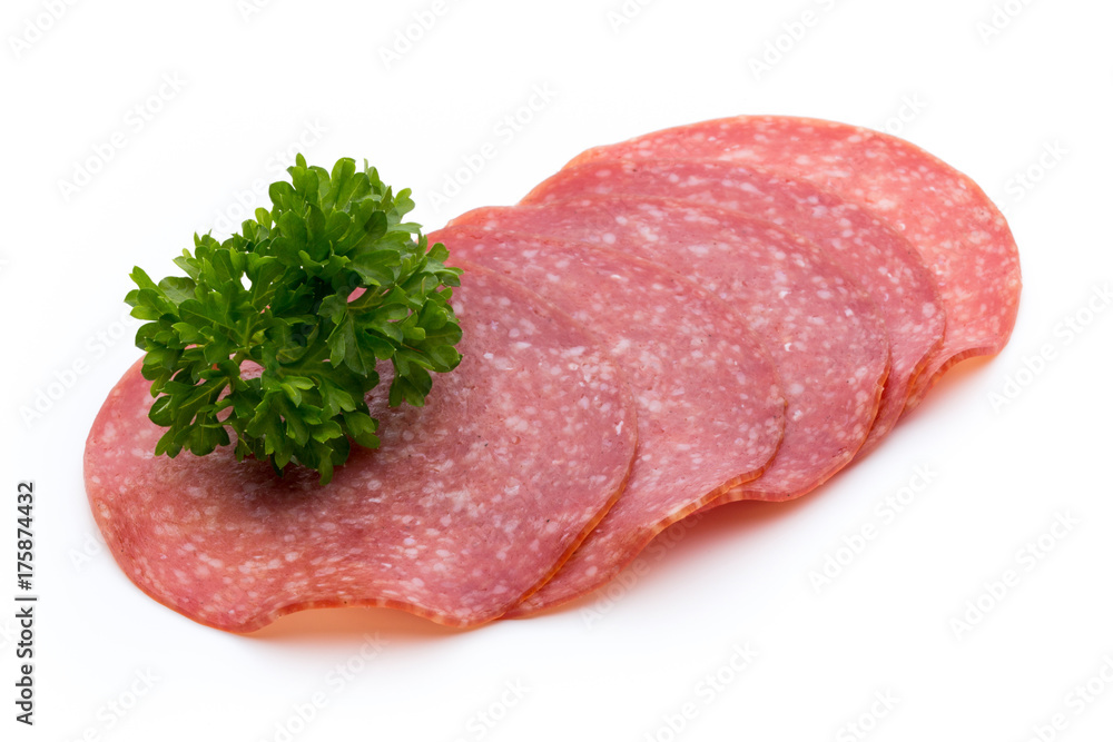 Salami slices isolated on white background.