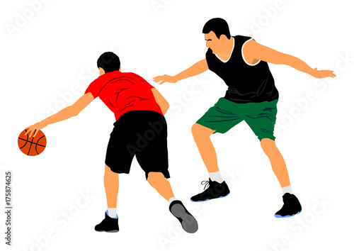 Basketball players vector illustration isolated on white background. Fight for the ball. Defense and attack positions in street basket. Sport man activity. 