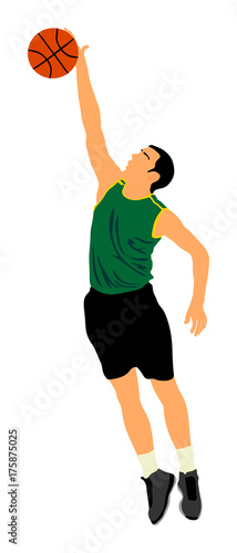 Basketball player vector illustration isolated on white background. Block or dunk situation. Basket ball boy with ball in jump dunking. Athlete male game winner. Sport man pose.