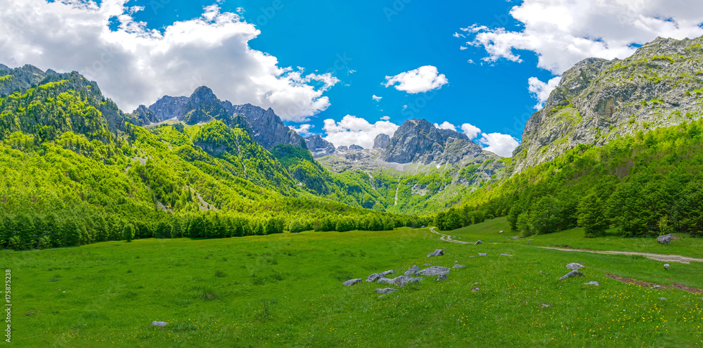 Spacious picturesque meadows among the huge mountains.