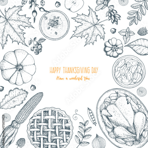 Thanksgiving day top view vector illustration. Food hand drawn sketch. Festive dinner with turkey and potato. Autumn food sketch. Engraved image.
