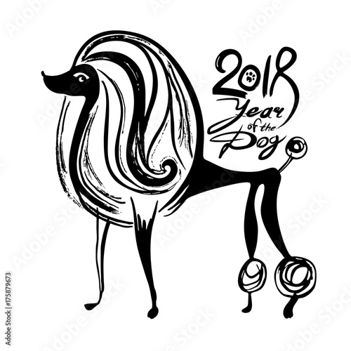 Freehand drawn illustration for 2018 year of dog. Sketch image of dog and handwritten inscription.