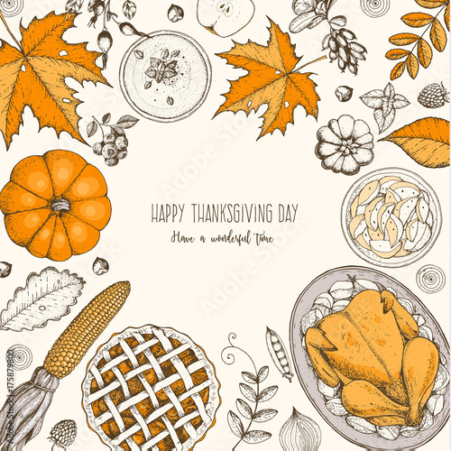 Thanksgiving day top view vector illustration. Food hand drawn sketch. Festive dinner with turkey and potato. Autumn food sketch. Engraved image.