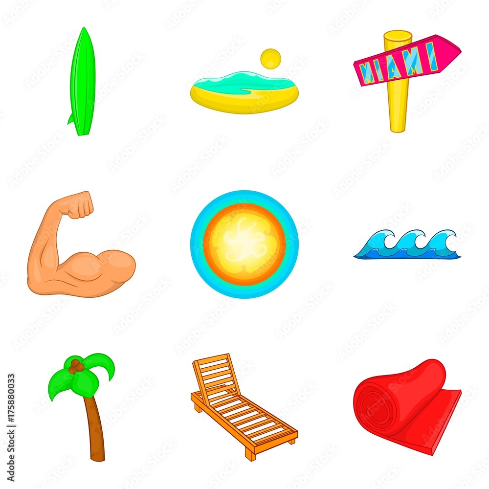 Sunbathe on the beach icons set, cartoon style