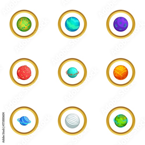 Mystery planet icons set, cartoon style
