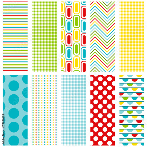 Cute seamless pattern set. 10 repeating patterns for gift wrap, fabric, baby shower paper, backgrounds, scrapbooking and more. Stripes, gingham, abstract, chevron, polka dot, dash and bunting prints.