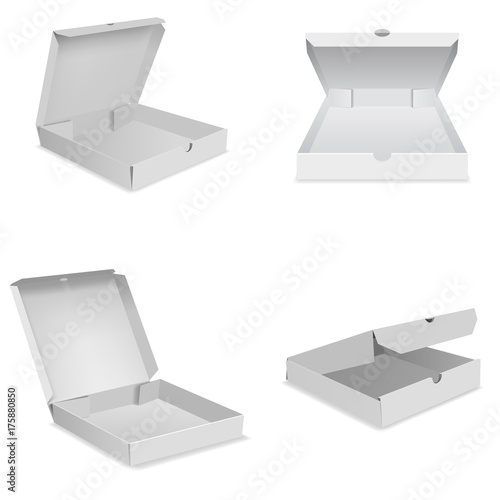 Pizza box icons set, realistic style
