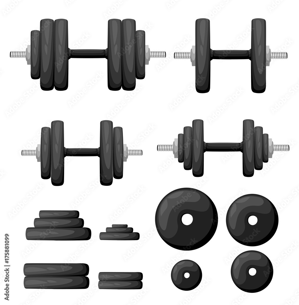 Set of normal and deformed bent dumbbells isolated on white. Sport equipment, weight lifting, exercise, strength and gym concept. Flat style. vector illustration, no transparency. Set of normal and deformed bent dumbbells isolated on white. Sport equipment, weight lifting, exercise, strength and gym concept. Flat style. vector illustration, no transparency.