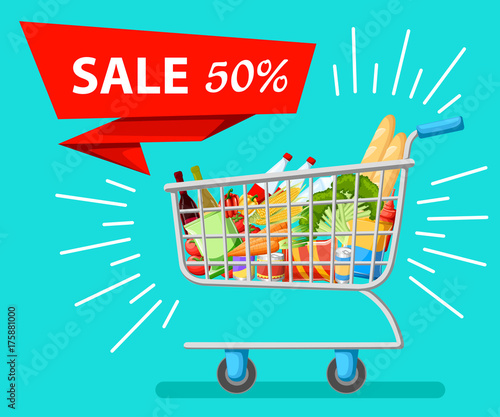 Self-service supermarket full shopping trolley cart with fresh grocery products and red handle realistic vector illustration sale Web site page and mobile app design.