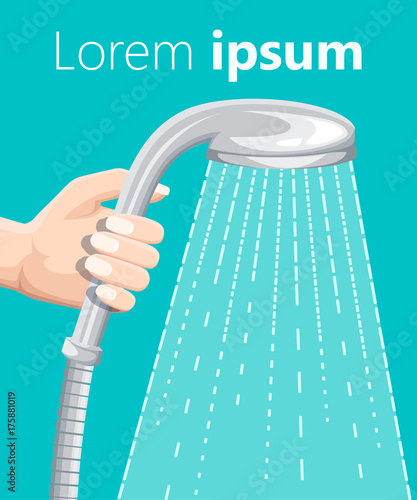 Vector Shower head with water drops flowing isolated over a white background. Realistic illustration. Web site page and mobile app design