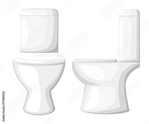 Toilet bowl, paper and brush isolated on blue background. Flat style vector illustration. Toilet bowl flat cartoon icon, front and side view. Web site page and mobile app design