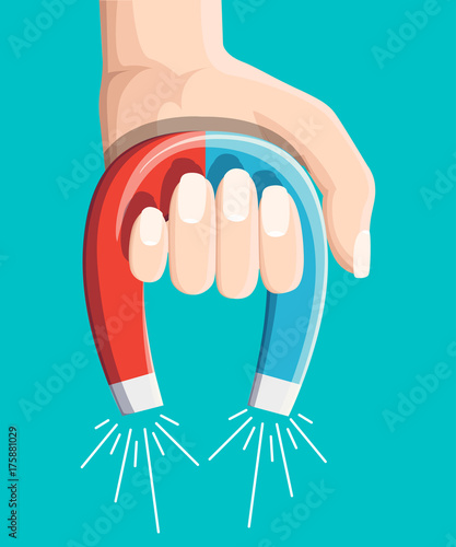 Magnet with magnetic power icon vector illustration, flat cartoon magnet isolate on white background Web site page and mobile app design. Human hand holding a magnet