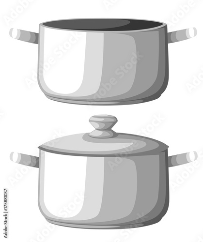 Boiling water in pan. iron cooking pot on stove with water and steam. Flat design graphics elements. Vector illustration Web site page and mobile app design