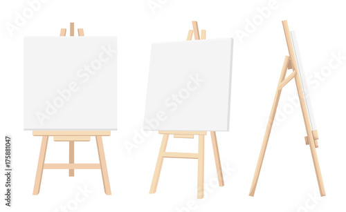 Tablou canvas Vector Set of Brown Sienna Wooden Easels with Mock Up Empty Blank Canvases Isolated on Background Paint Desk and White Paper Isolated On Background