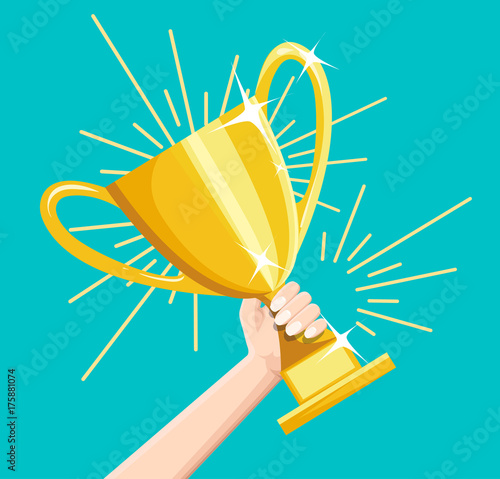 Winner business goal achievement vector concept, flat style happy successful businessman holding golden cup award in hand, leadership idea, first place prize victory, competition