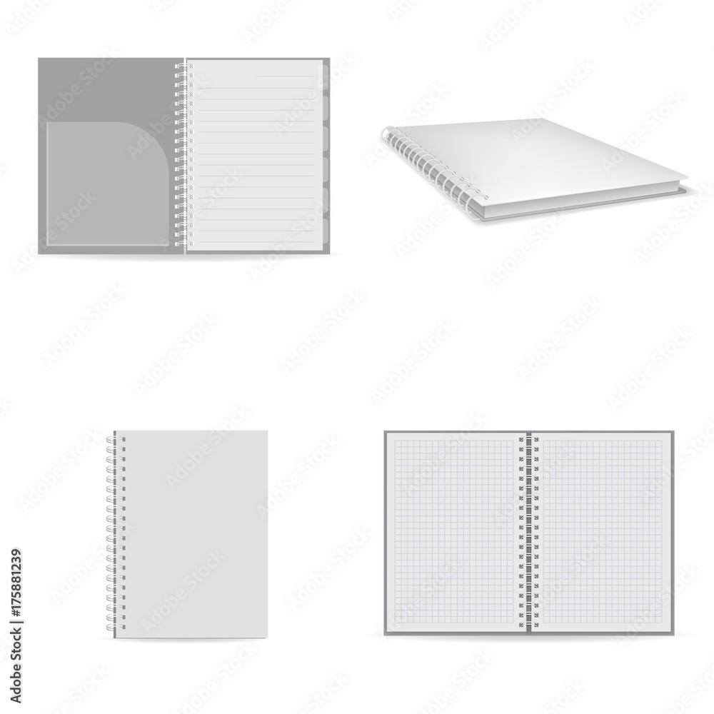 Notebook icons set, realistic style Notebook icons set, realistic style