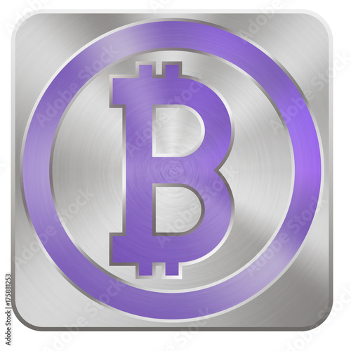 Purple bitcoin on silver button in metal style for internet