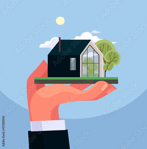 Hand hold house layout. Real estate concept. Vector flat cartoon illustration