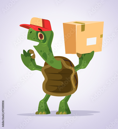 Happy smiling turtle courier character showing ok sight. Vector flat cartoon illustration